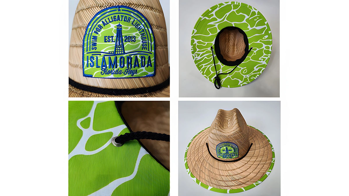 close up of embroidered brand logo on straw hat Straw Hat Wholesale