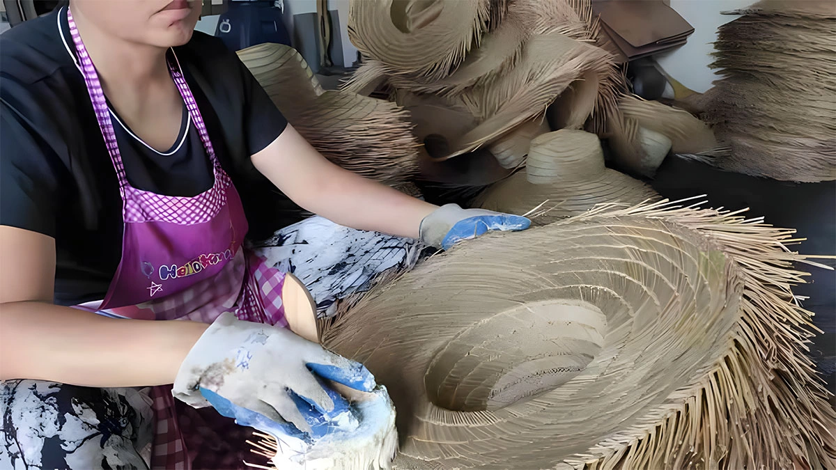 factory weaving line showing workers producing straw hat Straw Hat Wholesale